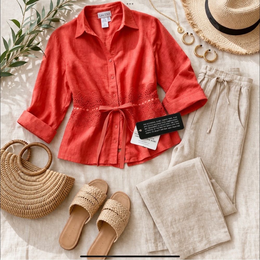 Lino USA Linen Skirt Set NWT Coral Embroidered Resort Set Coastal Midi 2-piece - Picture 7 of 16
